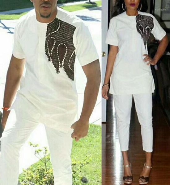 Abbigliamento etnico MD Coppia africana abbinata a vestiti bianchi 2 pezzi Set per uomo e donna Ricamo Dashiki Camicia Pantaloni Abito corto 4785218
