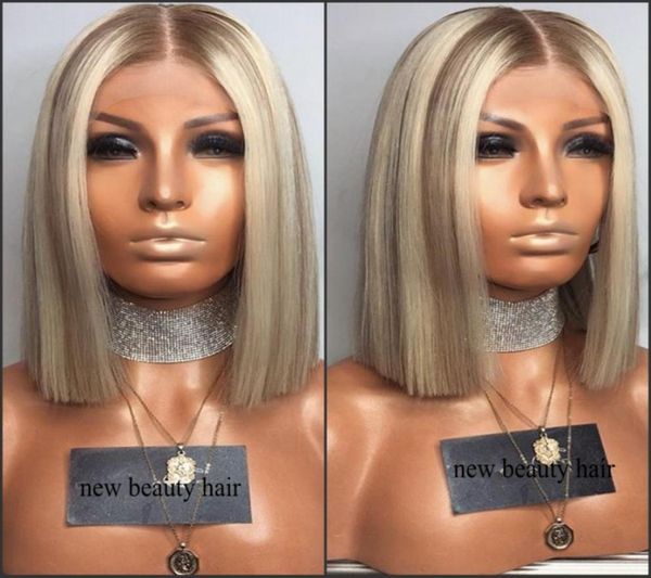 Tiefer Mittelteil, braune Wurzeln, Ombre-Blondine, kurze volle Lace-Front-Perücken, synthetische, hitzebeständige brasilianische Haar-Bob-Perücke für Weißbla2147385