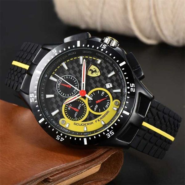 38 % RABATT auf eine Uhr für Herren, neue Herrenuhr, sechs Stiche, alle Zifferblätter, Quarzwerk, Ferrar-Top-Luxus-Chronograph, Gummigürtel, modischer F1-Rennwagen