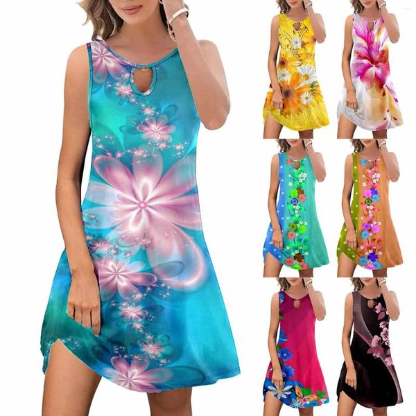 Vestidos casuais sol para mulheres de verão boho estampa floral encobrimento da tripula