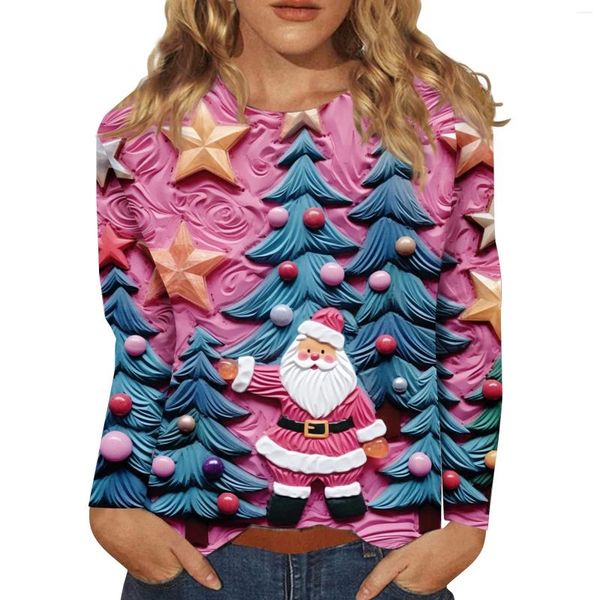 T-shirt da donna T-shirt per donna Stampa 3D Babbo Natale Cartone animato Natale Top a maniche lunghe O Collo Harajuku Streetwear Pullover sciolto casual