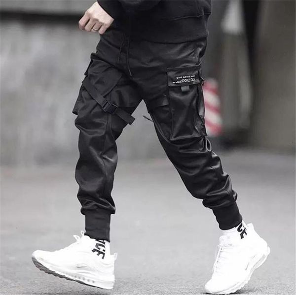 Homens fitas bloco de cor preto bolso carga calças 2019 harem joggers harajuku sweatpant hip hop calças preto dança rua pant7936773