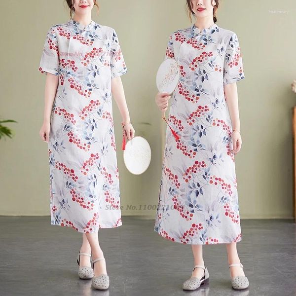 Ethnische Kleidung 2024 Chinesische Vintage Cheongsam Kleid National Blumendruck Baumwolle Leinen Qipao Folk Retro Lose