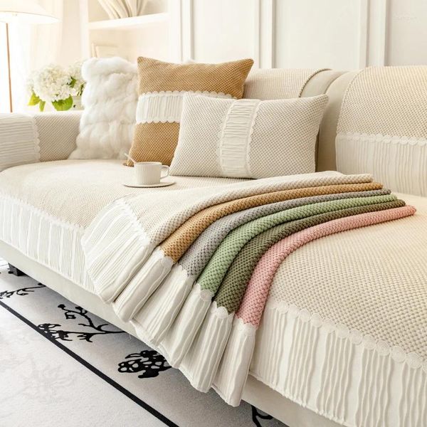 Cadeira cobre almofada de sofá de cor clara com borda de borla 2024 quatro estações capa universal luxo trançado pano toalha almofadas fronha