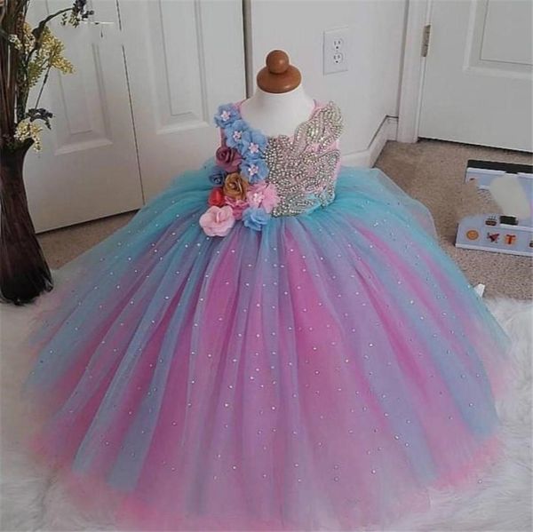 Rosa Rosso Blu 3D Fiori Ragazze Abiti da spettacolo Cristalli di lusso Top Tulle Abito da ballo Gonna Abito da festa Spettacolo Mini Quinceanera D7558696