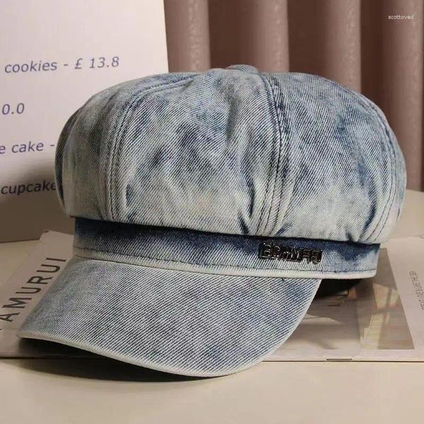 Beralar Moda Kadınlar Pamuk Vizör Beret Bol Cap Sboy Caps Düz Renk Denim Kadın