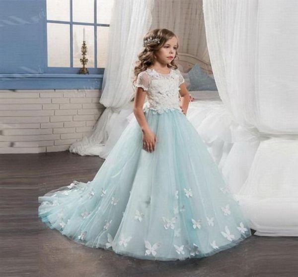 Новые светло-голубые платья для девочек-цветочниц с бабочкой, бальное платье с короткими рукавами и вырезом, платье для первого причастия, платье для девочек4086039