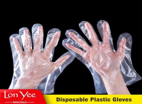 100pcsbag PE Luvas transparentes descartáveis de polietileno Luvas de plástico de qualidade alimentar Luvas descartáveis espessadas de beleza para catering YL04568250