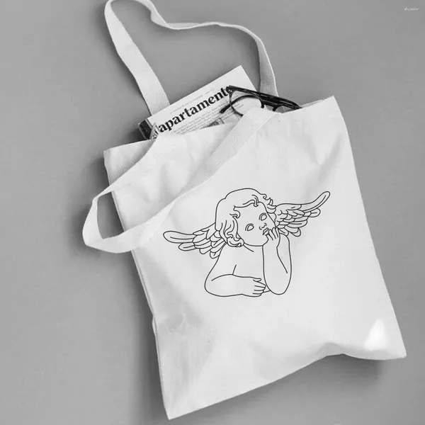 Sacos de compras vintage harajuku anjo engraçado bonito feminino verão dos desenhos animados impressão em tela reciclar moda casual ombro bolsas de mano
