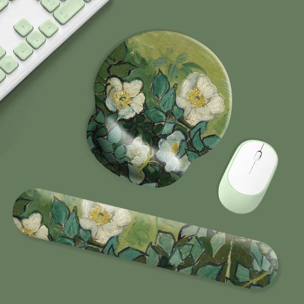 Almofadas Van Gogh Rose Pulso Guarda Mouse Pad Silicone 3D Teclado Suporte de Mão Almofada Sólida Creative Oil Painting Table Pad