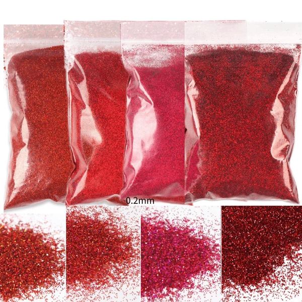 Conjunto de pó de glitter vermelho para unhas, 4 sacos * 50g, pigmento fino brilhante, poeira, decoração em massa, acessórios de manicure brilhantes para esmalte 240220