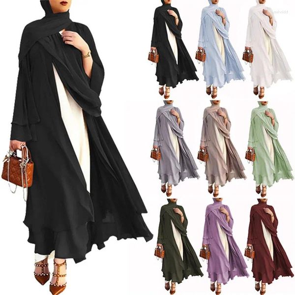 Abbigliamento etnico Ramadan Chiffon Abaya aperto per le donne Abito lungo musulmano Kimono Jalabiya Islamico Dubai Caftano Turchia Abaya Abito abito da festa