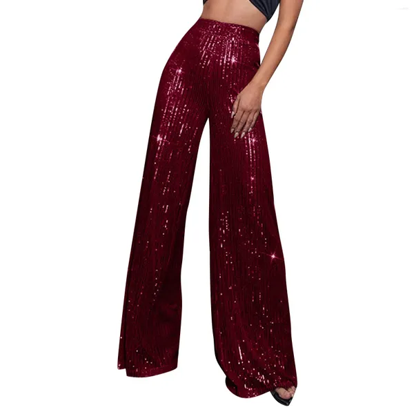 Pantaloni femminili donne paillettes flanti alta brillanti scintillanti pantaloni larghi gamba sciolte clubwear champagne 2024