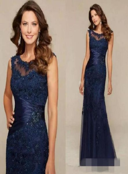 Abiti da sera eleganti per la madre della sposa con scollo rotondo trasparente Nuovo arrivo Abiti da sera lunghi in pizzo blu navy con sirena5340001