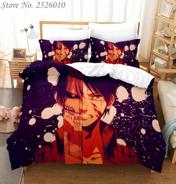 Conjunto de cama estampado anime 3d attack on titan, capa de edredom king, capa de edredom, roupa de cama para adultos e crianças 01 c1029708048