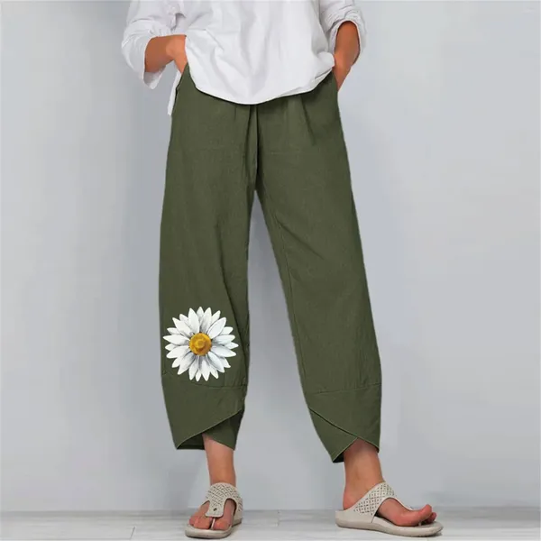 Pantaloni da donna Casual Crisantemo stampato Harlem con tasche Elastico in vita Gamba larga Pantaloni corti tinta unita Pantalones