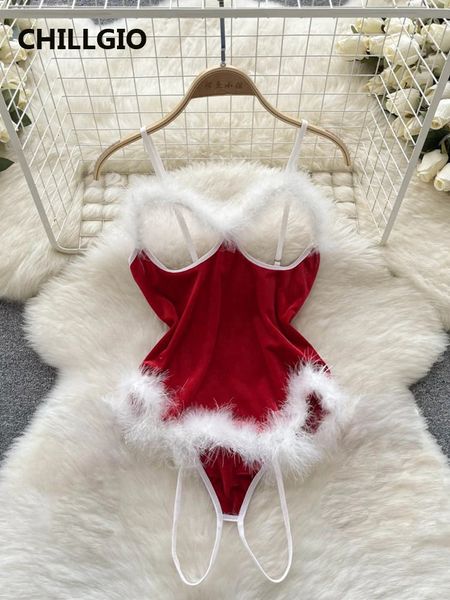 CHILLGIO Donna Pelliccia di velluto Tute sexy Natale Skinny Hollow Combinazione Catsuit Moda Ins Solid Strappy Pagliaccetti 240301