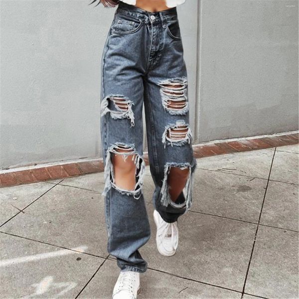 Jeans da donna con foro a vita alta con bottoni da donna, pantaloni in denim casual, tasche larghe, streetwear da donna, larghi, lunghi, per donne belle