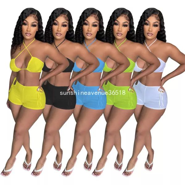 Designer Tracksuits Roupas de Verão Mulheres Outfits 2XL Sweatsuits Sólidos Duas Peças Sexy Criss-Cross Bra Top Shorts Casual Sportswear Beach Wear Atacado Roupas