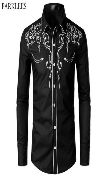 Şık Batı Kovboy Gömlek Erkekler Marka Tasarım Nakış İnce Fit Sıradan Uzun Kollu Gömlek Erkek P0818669243
