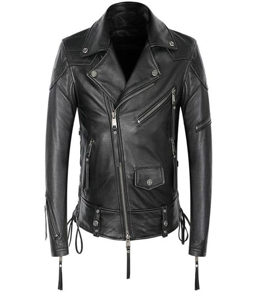 Мотоциклетная кожаная куртка мужская из натуральной воловьей кожи пальто в стиле панк-рок костюм на молнии на шнуровке тонкий короткий4542510