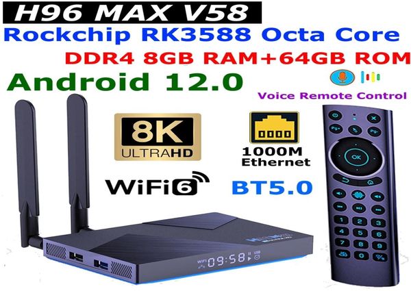 Android 12 caixa de tv h96 max v58 rockchip rk3588 octa núcleo 8gb ddr4 ram 64gb rom 1000m ethernet wifi6 5g duplo wifi 8k media player4888820