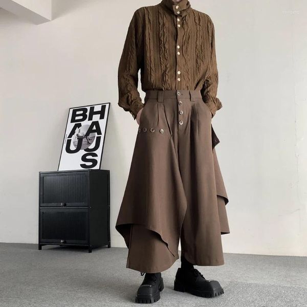 Calças masculinas homens mulheres japão harajuku streetwear splice moda solta casual larga perna saia unisex quimono roupas de palco