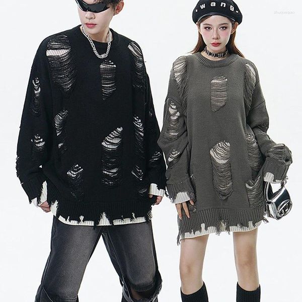 Suéter masculino rasgado oversize baggy suéter grunge homens mulheres gótico escuro malha jumper hip hop streetwear pulôver solto punk buracos