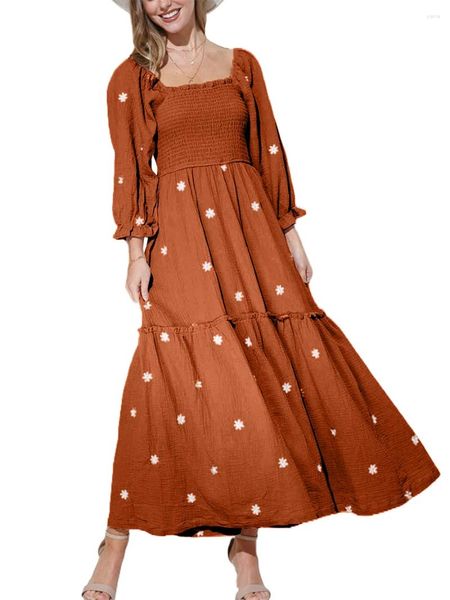 Vestidos casuais mulheres 2024 boho manga comprida pescoço quadrado smocked cintura alta fluida a linha maxi vestido