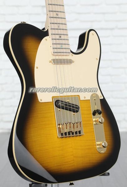 Richie Kotzen Signature 2-Tone Sunburst Flame Maple Top Guitarra Elétrica Ash Body Maple Fingerboard Abalone Dot Markers 6 Saddle Bridge Gold Hardware