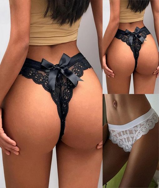 Kadın Lady Kawaii JK Lolita Seksi Hollow Bow Tie Panties Noel Hediyesi Tamamen Dantel Şeffaf G String Thong Plus Boyut2390084