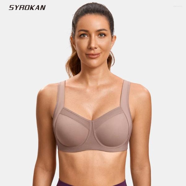 Roupa de yoga syrokan sutiã esportivo para mulheres alto impacto underwire alças ajustáveis respirável treino roupa interior verão azul tops activewear