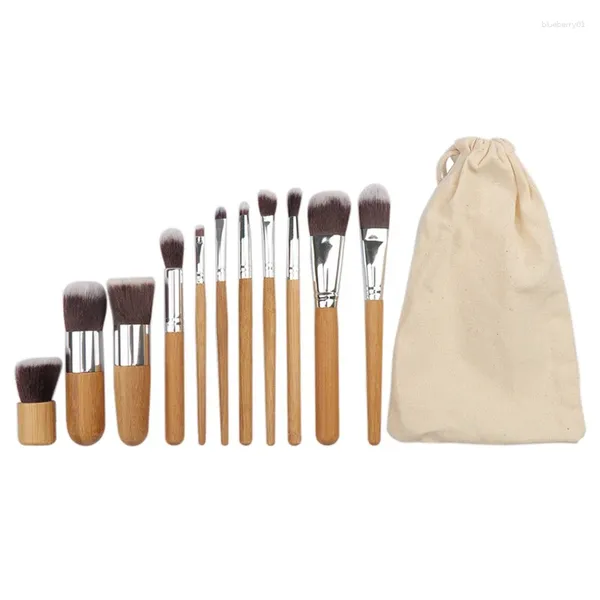 Кисти для макияжа, 11 шт., набор с ручками из натурального бамбука, экологически чистая основа для растушевки косметических инструментов для макияжа с льняной сумкой