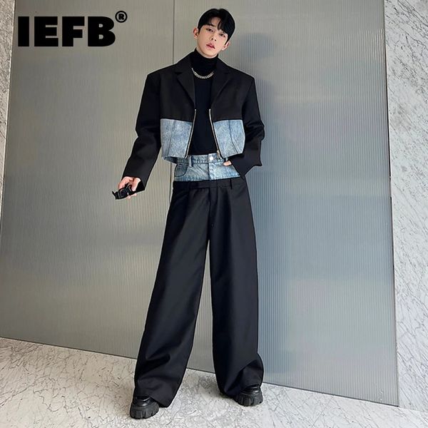 IEFB Erkek ve Kadın Set Moda Niş Tasarım Denim Patchwork Ceketler Twopiece Takım Geniş Bacak Pantolon Sonbahar 9C2161 240220