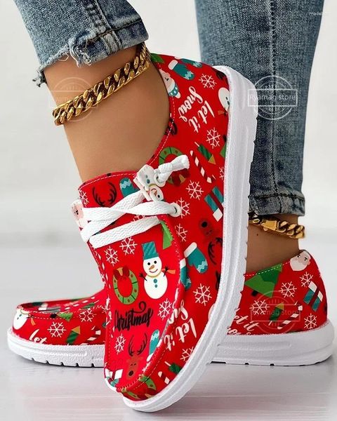 Sapatos casuais mocassins femininos natal boneco de neve elk impressão gráfica rendas redonda t vulcanizar lona feminina plana zapatos