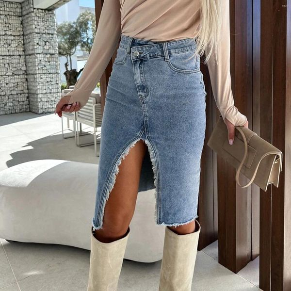 Röcke Sexy Französisch Stil Hohe Schlitze Denim Rock Für Frauen Sommer Mode Hellblau Unregelmäßigen Reißverschluss Taille Hüfte Paket Maxi