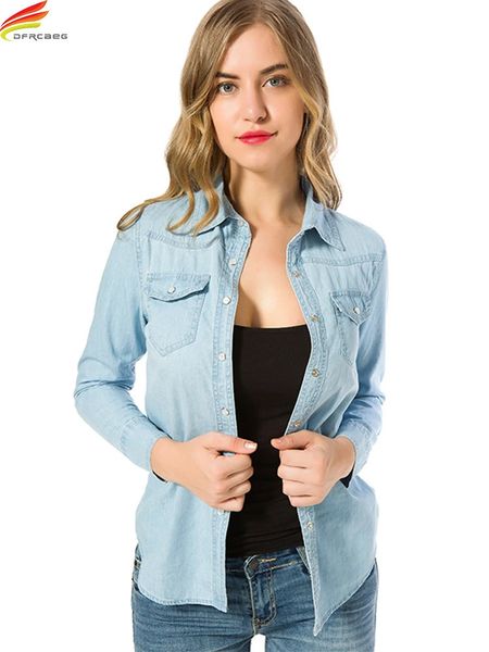 Outono 2023 denim camisas blusa manga longa topo céu azul cor único botões elegante coreano topos com bolsos 240301