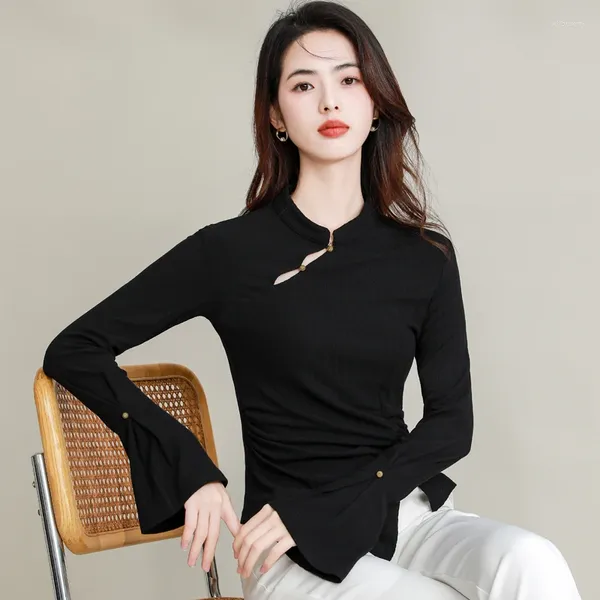 Kadın bluzları Çin tarzı kadınlar siyah üstler oryantal eğimli plaket yaka tasarımı asimetrik gömlek parlama manşet han kız ootd