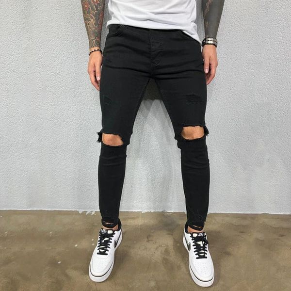 Moda masculina hip hop destruído rasgado magro mendigo calças de brim outono alta qualidade masculino sólido buraco lápis denim calças 240227