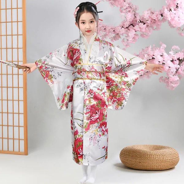 Roupas étnicas Crianças Asiáticas Epiphyllum Kimono Impresso Japonês Roupão Menina Temperamento Arco Princesa Saia Desempenho Vestido