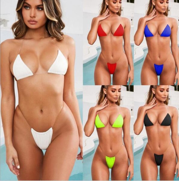 Nuove donne di estate cinghie trasparenti halter neck solido micro perizoma bikini set reggiseno perizoma sexy push up costumi da bagno costume da bagno6732490