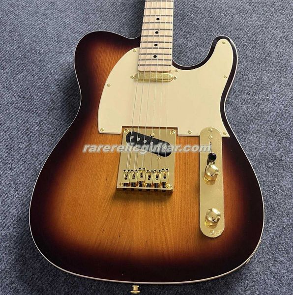 75º Aniversário 2 Cores Vintage Burst Guitarra Elétrica Ash Body Brown Back Gold Hardware Branco Pickguard Dual Body Binding Maple Neck Fingerboard Black Dot Inlay