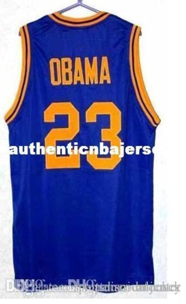 Tomada de fábrica barato personalizado de alta qualidade 23 BARACK OBAMA HIGH SCHOOL Basquete Jerseys azul branco retro retrocessos costurados Perso1303381