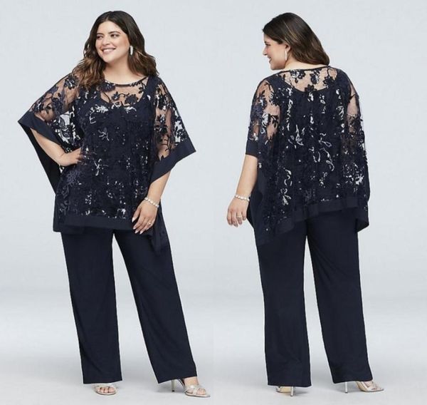 Abito pantalone per la madre della sposa taglie forti blu navy con abito da sposa con paillettes avvolgente Abito da sposo per la mamma in tre pezzi in chiffon3522970