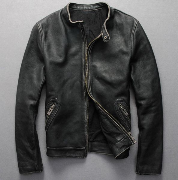 Jaqueta de couro genuíno do vintage dos homens preto cowskin curto simples motocicleta jaqueta men039s casaco de couro fino chaqueta cuero hombre9516433