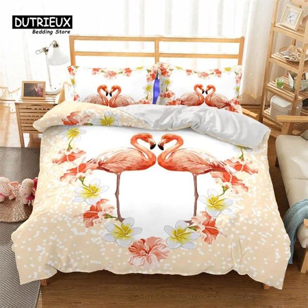 Set di biancheria da letto Soft Flamingo Set di stampa 3D Stile fresco Animali del fumetto Foglie verdi Frutta tropicale Copripiumino floreale con federe