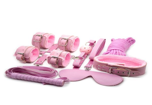 Conjunto de bondage 8 peças para preliminares, jogos sexuais, algemas de pelúcia rosa, venda cruzada, algemas de tornozelo, gola de couro, chicote, mordaça de bola 5cm7665899
