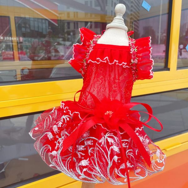 Elbiseler evcil köpek giysileri moda kırmızı ince sling elbise köpek köpek giyim el yapımı çiçek işlemeli prenses elbise küçük orta köpek için