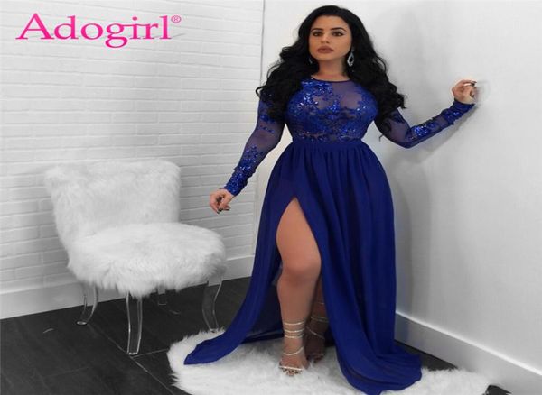 Adogirl 2018 Sexy aperto sul retro vedere attraverso paillettes Night Club Dress O collo manica lunga fessura alta maxi abiti da festa da sera Vestido J5195819