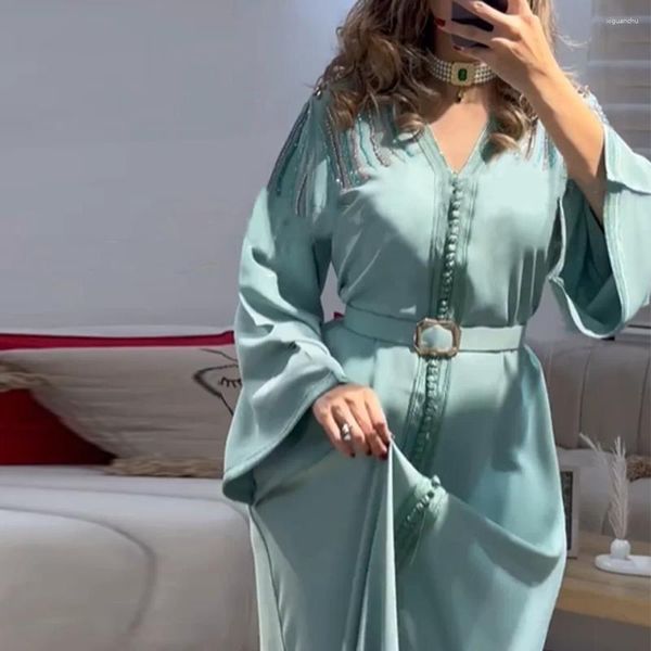 Abbigliamento etnico Caftano marocchino Caftano in rilievo per le donne Matrimonio Ramadan Gurban Musulmano Dubai Abaya con cintura Turchia Arabo Maniche lunghe